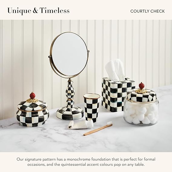 Enamel Squashed Pot, Cute Enameled Container with Lid, 20 Ounces, Black-and-White Courtly Check