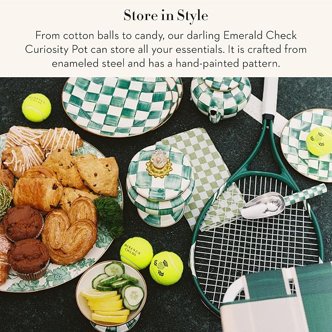 Enamel Curiosity Pot, Decorative Container for Home Decor, Green-and-White Emerald Check