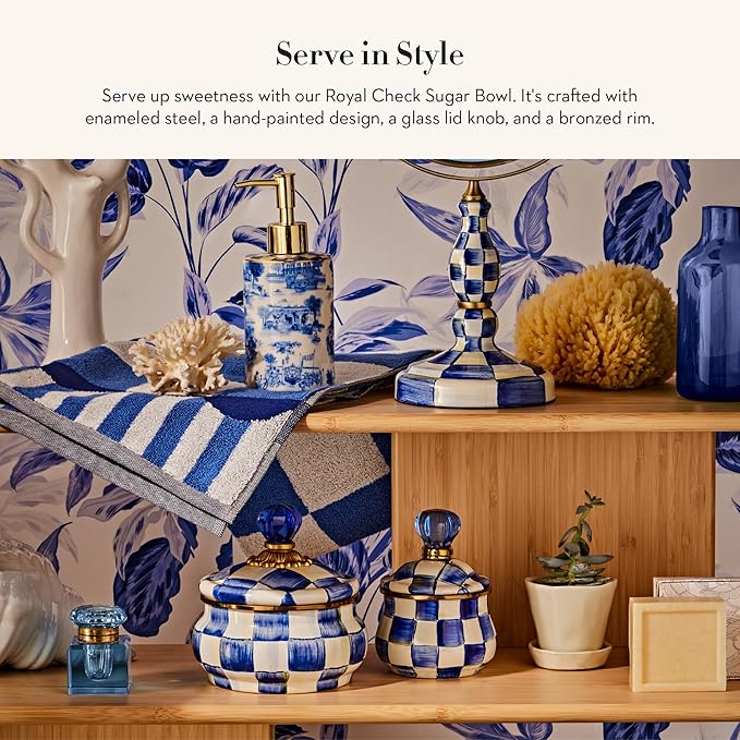 Enamel Lidded Sugar Bowl, Small Serving Bowl with Lid, 10-Ounce Capacity, Blue-and-White Royal Check