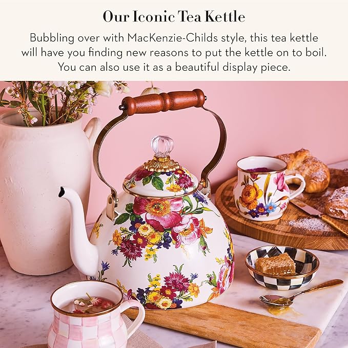 Enamel Tea Kettle, Stylish Tea Kettle for Stovetop, White Flower Market, 2 Quarts