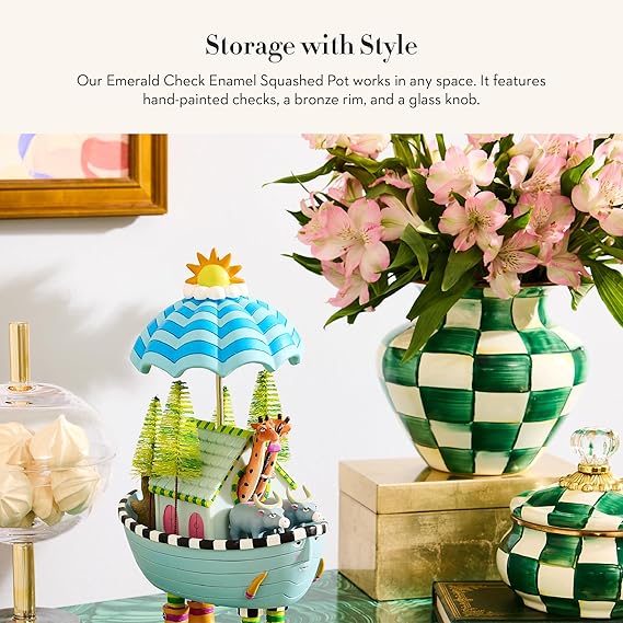 Enamel Squashed Pot, Cute Enameled Container with Lid, 20 Ounces, Green-and-White Emerald Check