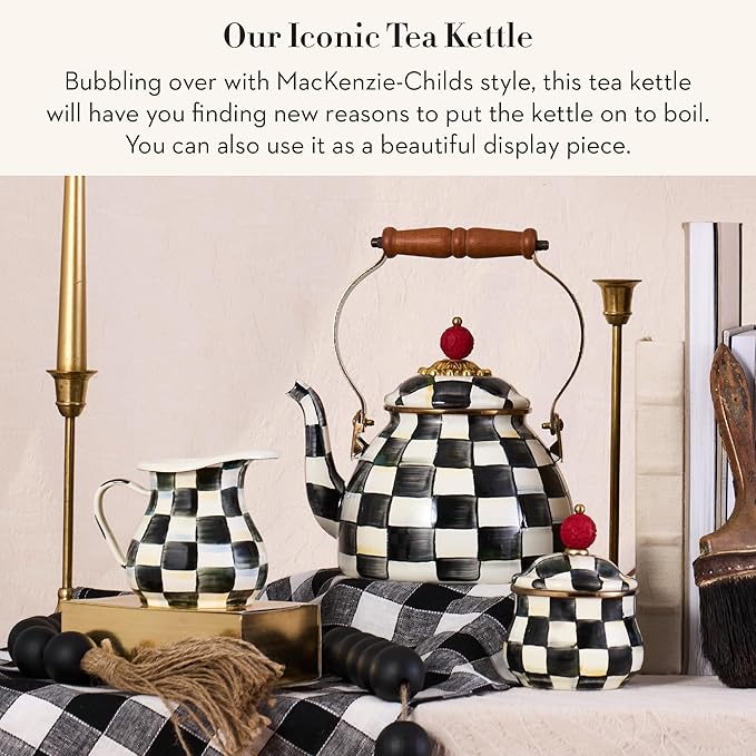 Enamel Tea Kettle, Stylish Tea Kettle for Stovetop, Black-and-White Courtly Check, 2 Quarts