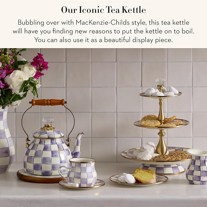 Enamel Tea Kettle, Decorative Tea Kettle for Stovetop, 2 Quarts, Purple-and-White Violet Check