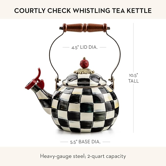 Enamel Whistling Tea Kettle, Decorative Teapot for Stovetop, Black-and-White Courtly Check