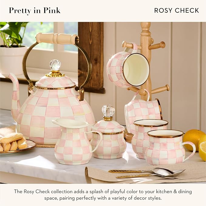 Enamel Creamer, Creamer Dispenser with Pour Spout, Kitchen Enamelware, Pink-and-White Rosy Check