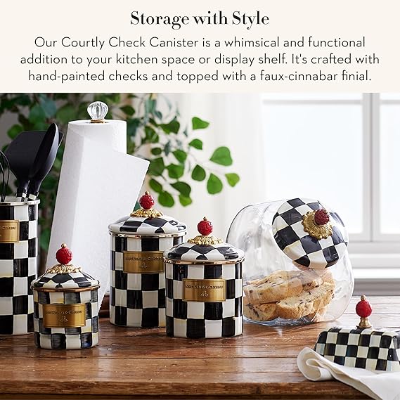 Medium Enamel Canister, Kitchen Storage Container for Flour and Sugar, 1.42 Liters, Black-and-White Courtly Check