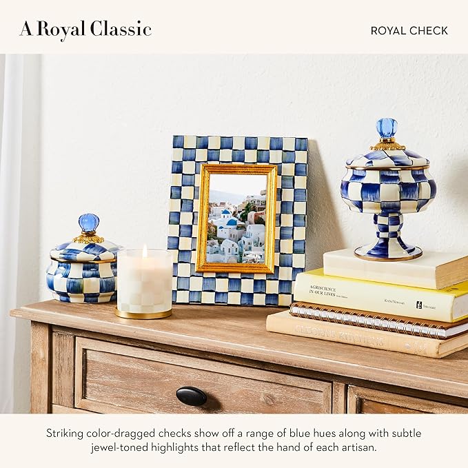 Enamel Curiosity Pot, Decorative Container for Home Decor, Blue-and-White Royal Check