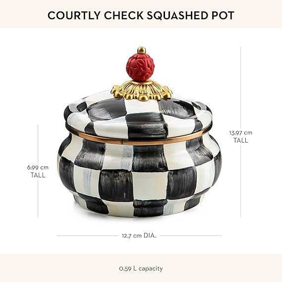 Enamel Squashed Pot, Cute Enameled Container with Lid, 20 Ounces, Black-and-White Courtly Check