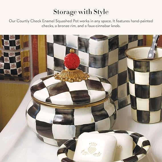 Enamel Squashed Pot, Cute Enameled Container with Lid, 20 Ounces, Black-and-White Courtly Check