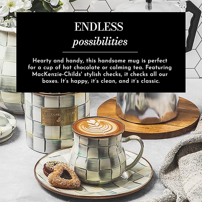 Enamel Mug, Cute Enamelware Coffee and Tea Mug, Unique Drinkware, 16 Ounces, Gray-and-White Sterling Check, Set of 4