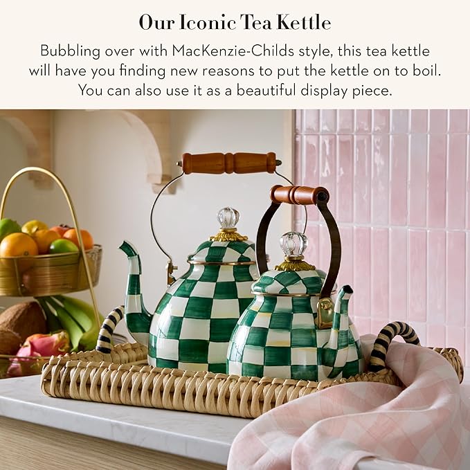 Enamel Tea Kettle, Stylish Tea Kettle for Stovetop, Green-and-White Emerald Check, 3 Quarts