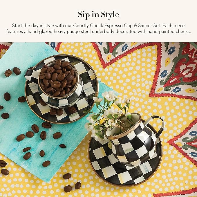 Espresso Cup and Saucer Set, Cute Small Coffee Cups and Saucers, Set of 2, Black-and-White Courtly Check