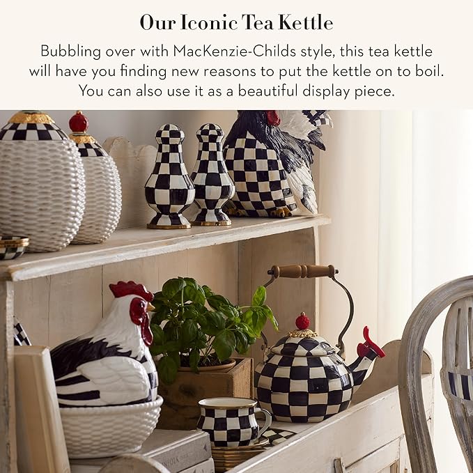 Enamel Whistling Tea Kettle, Decorative Teapot for Stovetop, Black-and-White Courtly Check