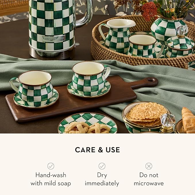 Enamel Saucer, Small Coffee and Teacup Saucer, Green-and-White Emerald Check