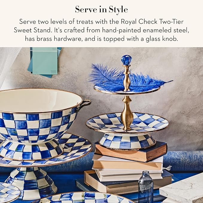 Enamel Two-Tier Sweet Stand, Two-Tiered Serving Tray for Dessert, Blue-and-White Royal Check