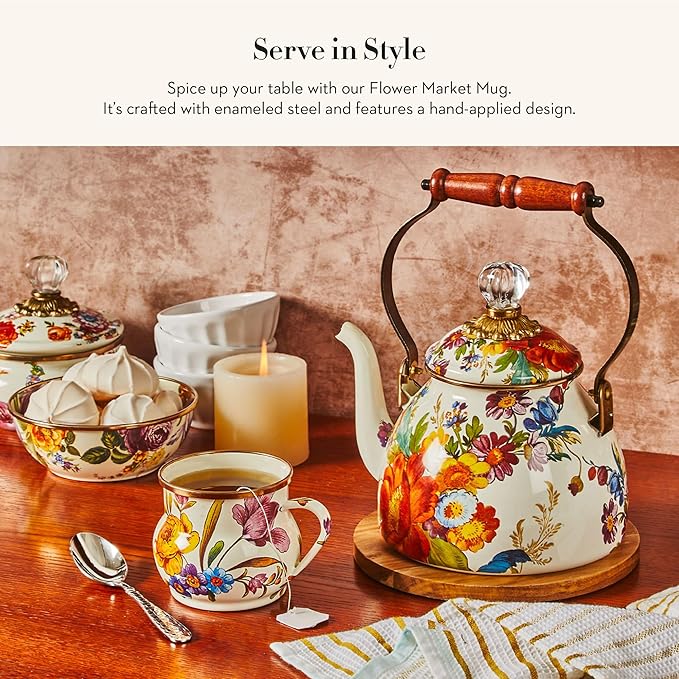 Enamel Mug, Cute Enamelware Coffee and Tea Mug, Unique Drinkware, 16 Ounces, White Flower Market, Set of 4