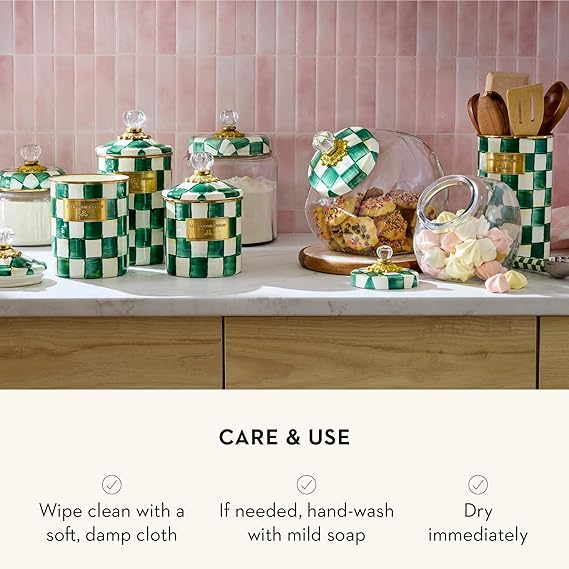 Medium Enamel Canister, Kitchen Storage Container with Lid, Green-and-White Emerald Check