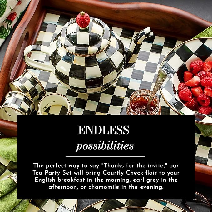 Enamel Tea Party Set, Unique Teapot and Teacups, Tea Accessories Set, Black-and-White Courtly Check