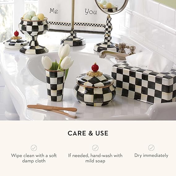 Enamel Squashed Pot, Cute Enameled Container with Lid, 20 Ounces, Black-and-White Courtly Check