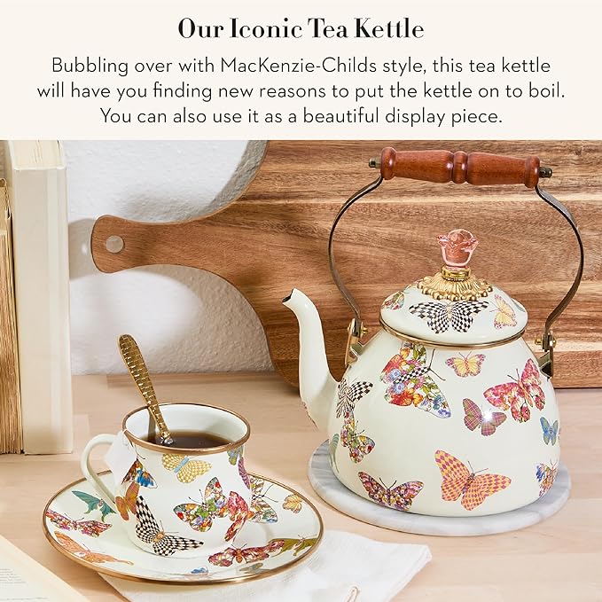 Enamel Tea Kettle, Cute Kitchen Kettle for Stovetop, 2-Quart Capacity, Butterfly Garden