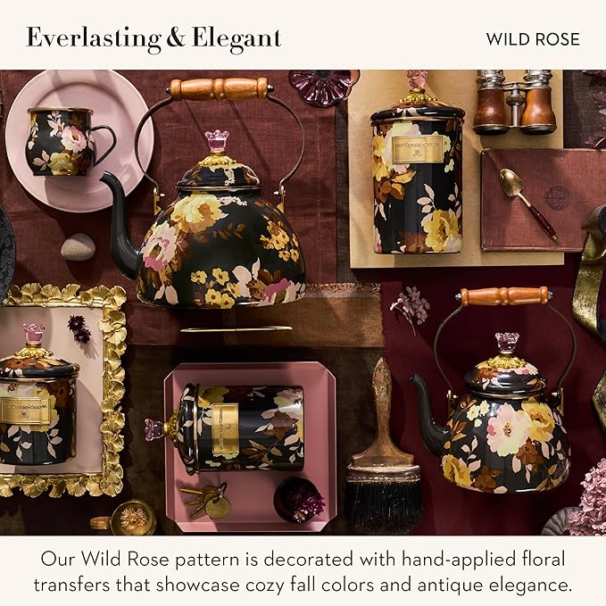 Enamel Tea Kettle, Cute Tea Kettle for Stovetop, 2 Quarts, Wild Rose Brown