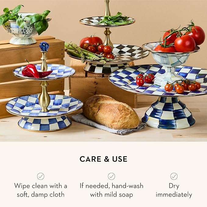 Enamel Two-Tier Sweet Stand, Two-Tiered Serving Tray for Dessert, Blue-and-White Royal Check