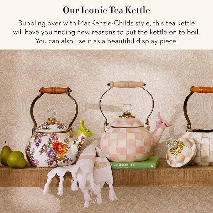 Enamel Whistling Tea Kettle, Decorative Teapot for Stovetop, White Flower Market