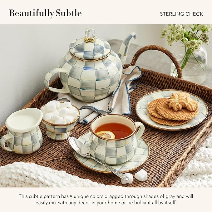 Enamel Saucer, Small Enamel Plate for Teacups, Gray-and-White Sterling Check