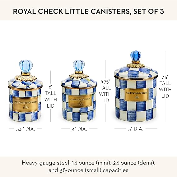 Enamel Canister Set, Mini (14 oz.), Demi (24 oz.), and Small (38 oz.) Kitchen Containers, Blue-and-White Royal Check