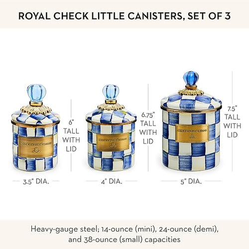 Enamel Canister Set, Mini (14 oz.), Demi (24 oz.), and Small (38 oz.) Kitchen Containers, Blue-and-White Royal Check