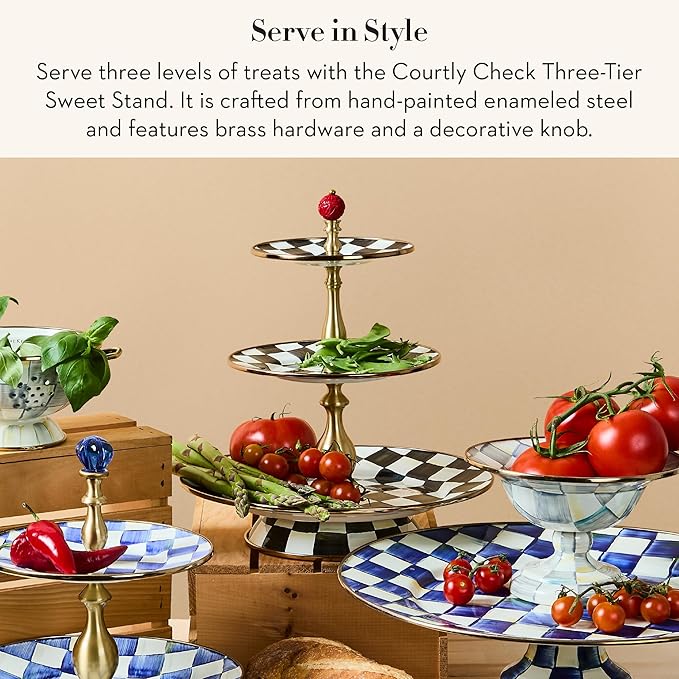 Enamel Three-Tier Sweet Stand, Three-Tiered Serving-Tray Stand, Party Food Display, Black-and-White Courtly Check