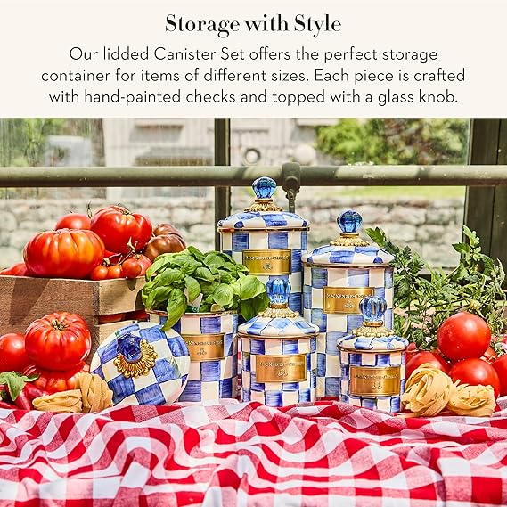 Enamel Canister Set, Mini (14 oz.), Demi (24 oz.), and Small (38 oz.) Kitchen Containers, Blue-and-White Royal Check
