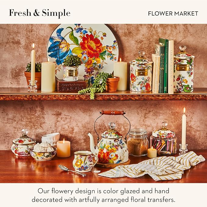 Enamel Tea Kettle, Stylish Tea Kettle for Stovetop, White Flower Market, 2 Quarts