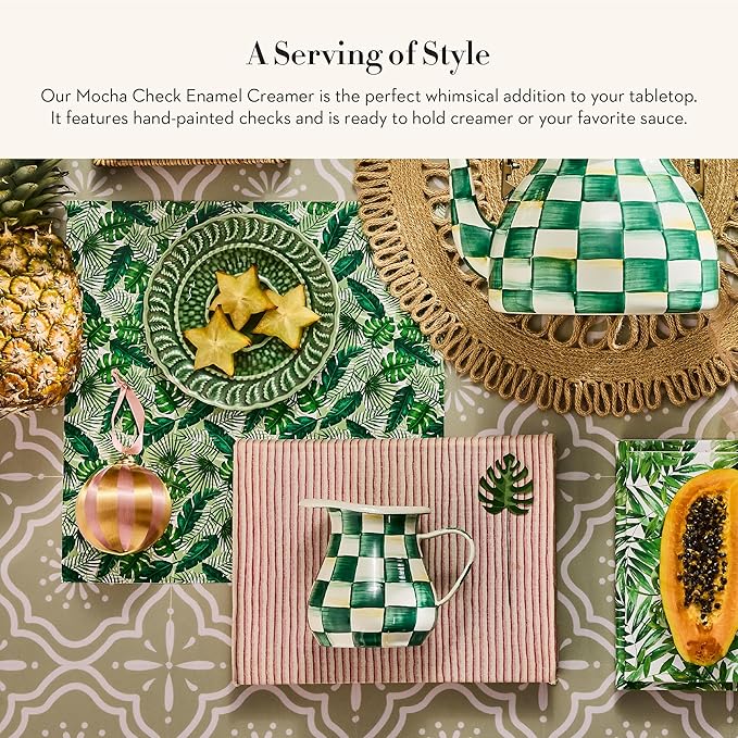 Enamel Creamer, Creamer Dispenser with Pour Spout, 14-Ounce Capacity, Green-and-White Emerald Check