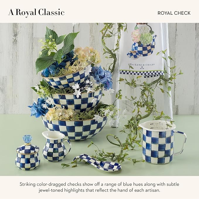 Enamel Creamer and Sugar-Bowl Set, Cream Dispenser and Sugar Holder, Unique Kitchen Decor, Blue-and-White Royal Check