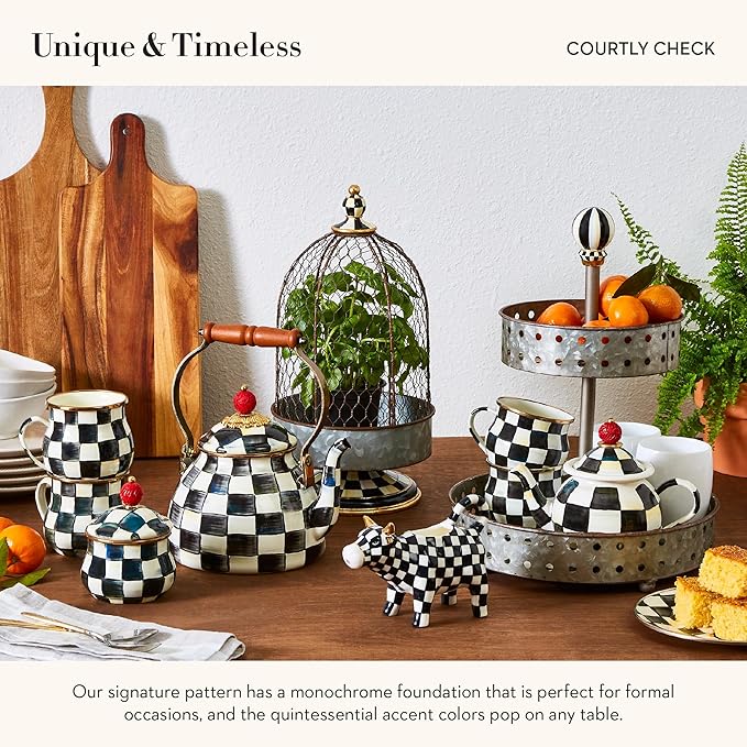 Enamel Creamer and Sugar-Bowl Set, Cream Dispenser and Sugar Holder, Unique Kitchen Decor, Black-and-White Courtly Check