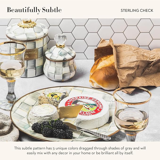 Enamel Lidded Sugar Bowl, Small Serving Bowl with Lid, 10-Ounce Capacity, Gray-and-White Sterling Check