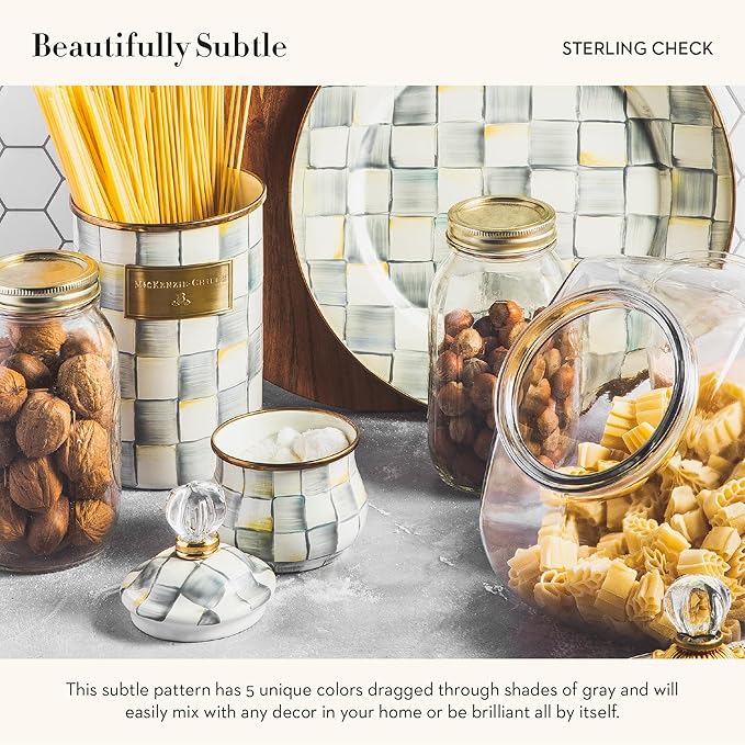 Enamel Creamer and Sugar-Bowl Set, Cream Dispenser and Sugar Holder, Unique Kitchen Decor, Gray-and-White Sterling Check