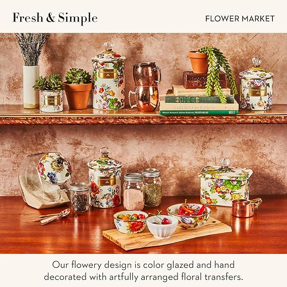 Enamel Canister Set, Mini (14 oz.), Demi (24 oz.), and Small (38 oz.) Kitchen Containers, White Flower Market