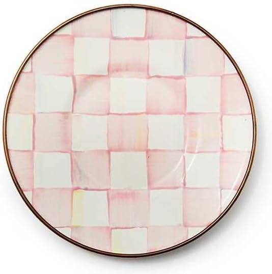 Enamel Saucer, Small Enamel Plate for Teacups, Pink-and-White Rosy Check