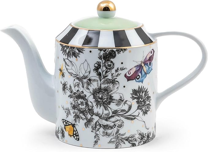 Ceramic Teapot, Cute Teapot with Lid, 50-Ounce Capacity, Butterfly Toile