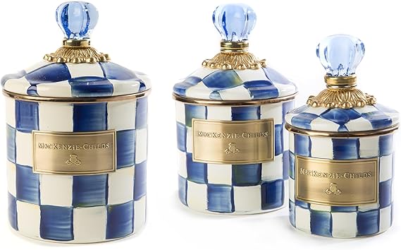 Enamel Canister Set, Mini (14 oz.), Demi (24 oz.), and Small (38 oz.) Kitchen Containers, Blue-and-White Royal Check