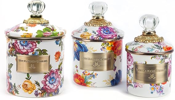 Enamel Canister Set, Mini (14 oz.), Demi (24 oz.), and Small (38 oz.) Kitchen Containers, White Flower Market