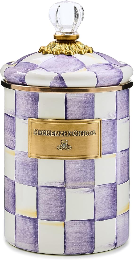 Enamel Canister, Kitchen Storage Container with Lid, Medium, Purple-and-White Violet Check