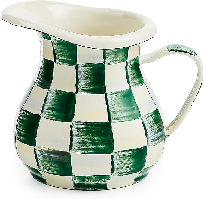 Enamel Creamer, Creamer Dispenser with Pour Spout, 14-Ounce Capacity, Green-and-White Emerald Check