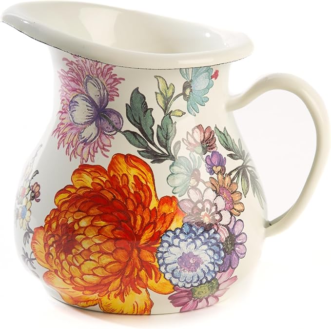 Enamel Creamer, Creamer Dispenser with Pour Spout, Kitchen Enamelware, 14-Ounce Capacity, White Flower Market