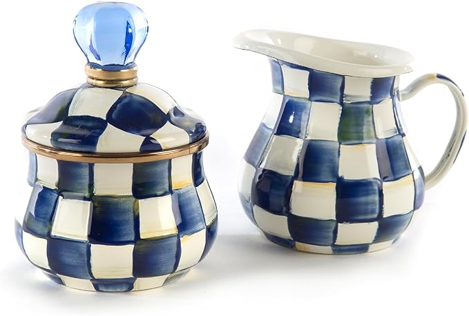 Enamel Creamer and Sugar-Bowl Set, Cream Dispenser and Sugar Holder, Unique Kitchen Decor, Blue-and-White Royal Check