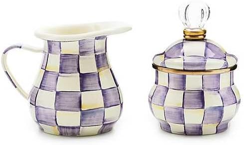 Enamel Creamer and Sugar Bowl Set, Cream Dispenser with Pour Spout and Sugar Holder, Unique Kitchen Decor, Purple-and-White Violet Check