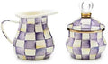 Enamel Creamer and Sugar Bowl Set, Cream Dispenser with Pour Spout and Sugar Holder, Unique Kitchen Decor, Purple-and-White Violet Check