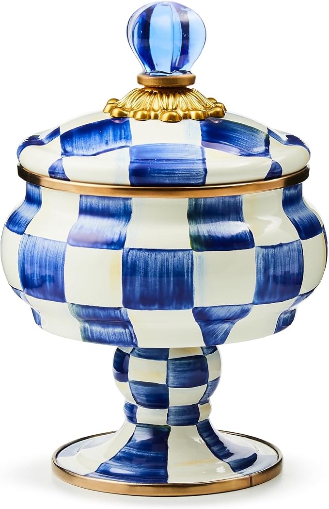 Enamel Curiosity Pot, Decorative Container for Home Decor, Blue-and-White Royal Check